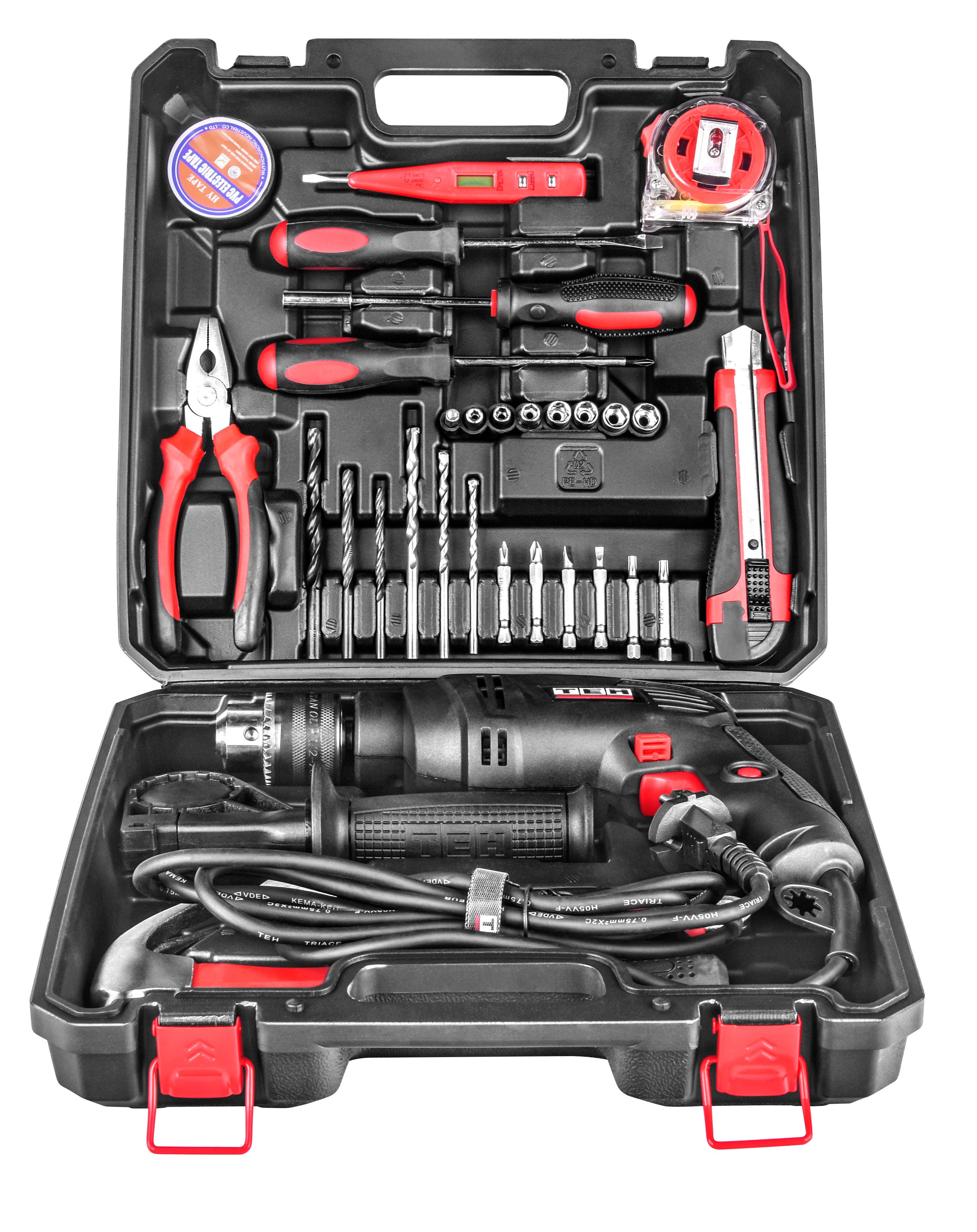 Set Kit De Herramientas + Taladro Percutor De Impacto 580w 13mm TEHTOOLS