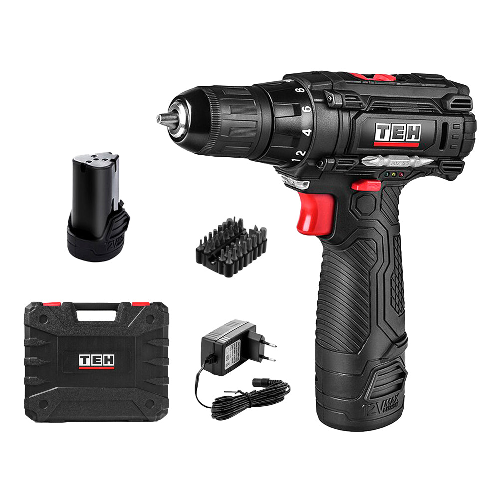 Taladro Inalámbrico 12V 10mm 23 Nm 2 Baterías TEHTOOLS