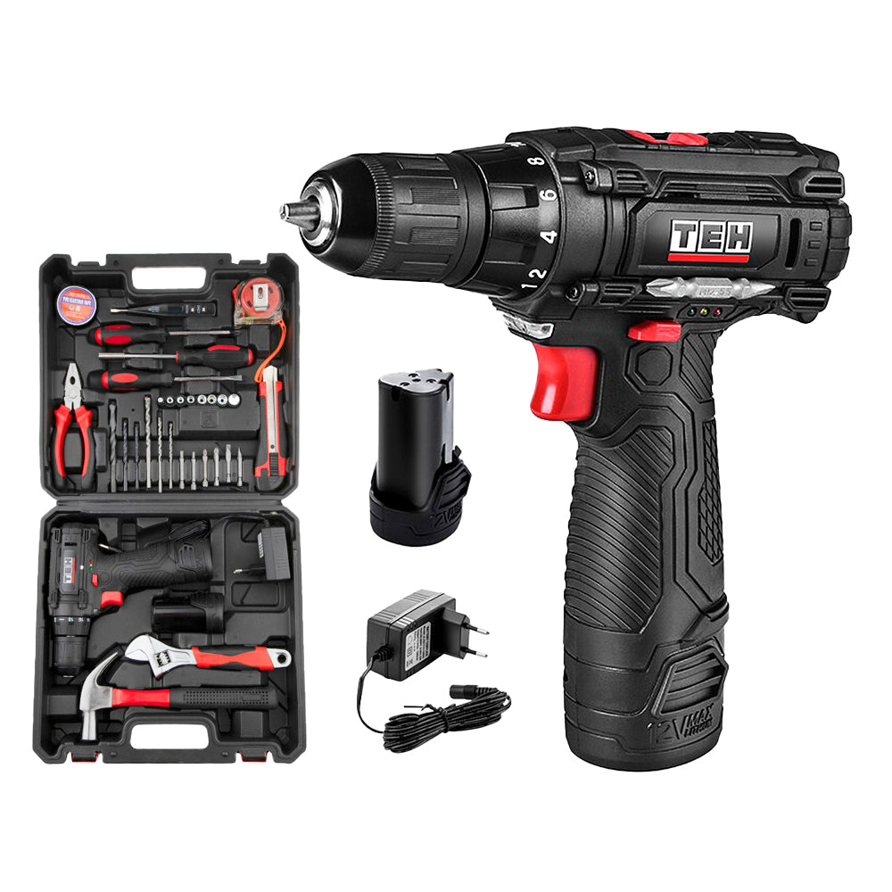 Set Kit de Herramientas + Taladro Inalámbrico 12v 10mm 23 Nm 2 Baterías TEHTOOLS