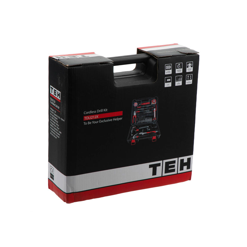 Set Kit de Herramientas + Taladro Inalámbrico 12v 10mm 23 Nm 2 Baterías TEHTOOLS