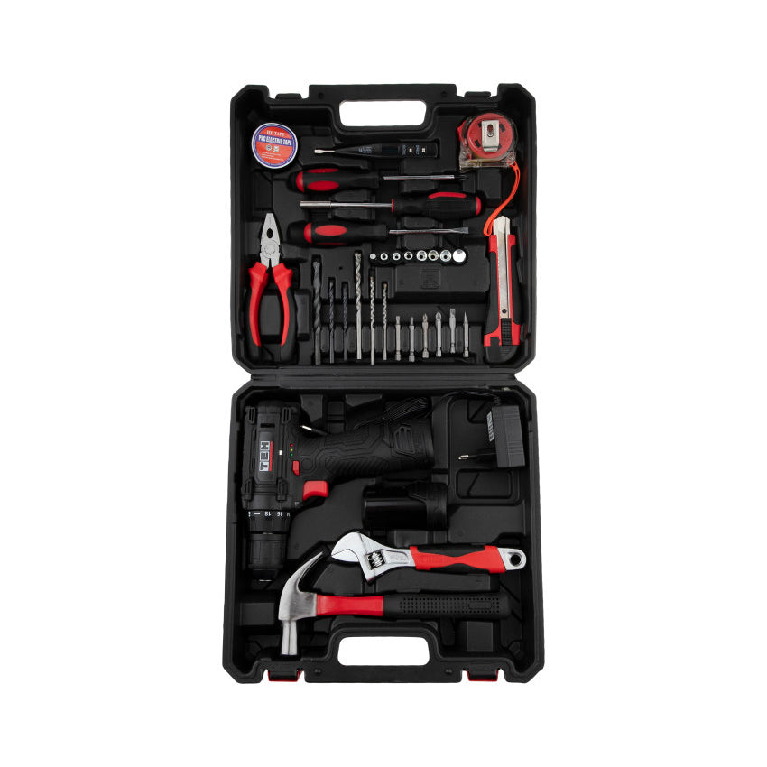Set Kit de Herramientas + Taladro Inalámbrico 12v 10mm 23 Nm 2 Baterías TEHTOOLS