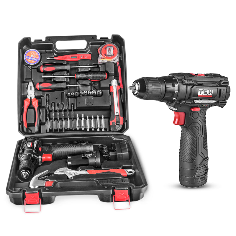 Set Kit de Herramientas + Taladro Inalámbrico 12v 10mm 23 Nm 2 Baterías TEHTOOLS